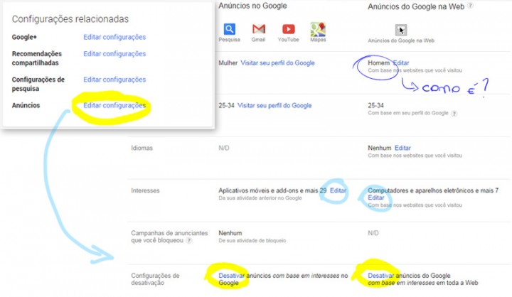 Seus interesses registrados na Conta Google